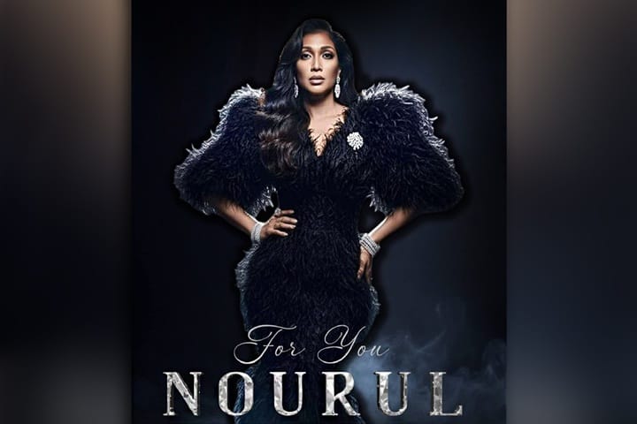 Promotional poster showing a woman in a black fur gown with statement jewelry; text reads 'For You NOURUL' at the bottom.