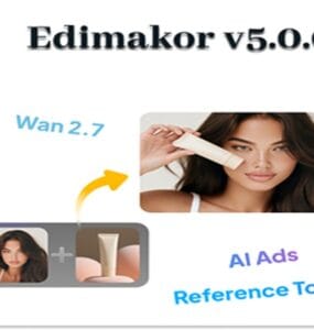 Promotional collage for Edimakor v5.0.0 featuring a makeup application scene and AI video/ad references.